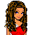 Pixel art of a woman with long brown hair in red top and striped pants, text below reads 'I'm addictd 2 you!' on white background.