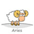 Pixelated static icon of a yellow stick figure with large circular arms and orange torso standing on gray ground, labeled "Aries" below.