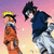 Two anime characters stand against a pink-to-yellow gradient sky; the character on the right shifts position between frames.