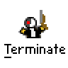 Pixel art buddy icon featuring a character with red eye, black and white body, yellow accents, holding brown sword-like object against gray background with text elements.