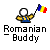 Pixelated character with white head and blue-yellow outfit holds Romanian flag; text reads 'Romanian Buddy' below on gray background.