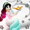 Pixelated character with long dark hair holds golden lamp, wearing turquoise and pink outfit with gold jewelry against white background with star shapes.
