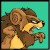 Pixel art animation of a brown cartoon lion-like creature with yellow chest against teal background, showing three frames with text changes and slight pose adjustments.