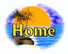 A circular icon with a beach scene featuring a large orange sun, blue water, purple sky, palm trees, and a rock, with the word 'Home' in yellow text.