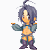 Pixelated character with dark purple hair and orange accents on clothing, standing with arms outstretched against white background.