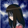 Animated sequence of a character with long brown hair and red top against blue cloudy background, showing head movement from side to front.