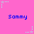 Pink background with blue 'Sammy' text repeated in two , surrounded by light blue and purple star-shaped pixel clusters with dotted lines