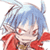 Pixelated static image of a character with blue hair and red clothing against white background.