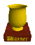 A golden cup on a brown pedestal with yellow text, shown from multiple angles in a