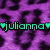 Pixelated icon with teal text 'julianna' flanked by heart symbols on a purple and black pixelated background.