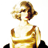 Pixelated figure with light brown hair, red lips, and a white top with brown accents, holding a small object near the face.