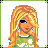 Pixelated cartoon character with long blonde hair and blue earrings, wearing a green top with white flowers, in a with text