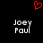 Red pixelated heart symbol above two identical white text blocks reading 'Joey Paul' on black background.