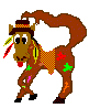 Brown pixelated horse with red checkered scarf, green star patches, and feathered hat; tongue out in first frame, head tilted down in second.