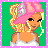 Pixel art contact sheet showing three frames of an animated buddy icon featuring a blonde cartoon woman in pink and turquoise accessories against green background with pink border.