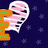 Pixelated heart-shaped icon with pink and white stripes on a dark blue starry background, featuring changing colored text blocks.