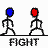 Animated contact sheet of stick figure fight sequence with alternating blue and red heads, each frame labeled "FIGHT" below the action.