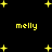 Black background with yellow pixelated text 'melly' repeated four times and scattered plus signs in various sizes.