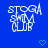 Blue background with white pixelated text 'STOGR' and 'MUP', two cyan heart shapes, and a central figure in motion.