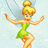 Pixelated character in green dress with wings and blonde bun, standing against light blue background with yellow text on green