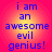A static image displays the phrase "i am an awesome evil genius!" in blue pixelated text on a gradient background transitioning from pink to yellow.