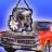 Pixelated image of a car with red accents and a hanging object against blue background.
