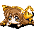 Pixel art contact sheet of a chibi anime character with brown hair and golden cat ears lying down in five sequential frames showing eye expressions changing from open to closed.