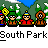 Animated contact sheet of 15 pixel art frames showing South Park characters with changing expressions and speech bubbles over a repeating background.