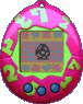 Pink egg-shaped device with green accents and blue buttons, displaying a pixelated black symbol on a patterned screen.