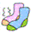 Pixelated icon of a pink and blue sock with green accents, featuring a small orange circular detail on the foot section.