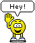 Yellow pixelated character with white eyes and blue shoes waves while saying "Hey!" in a speech bubble.
