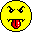 Static pixel art emoji with yellow face, black outline, angry eyes, and red tongue sticking out against gray background.
