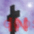 Black cross with red accents on purple gradient background, red text partially visible beneath the cross in three