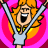 Animated cartoon character with orange hair and light blue shirt raises arms against shifting pink, yellow, and red circular background.
