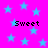 Bright pink background with scattered light blue stars and repeated black text reading "Sweet" in pixelated font.
