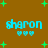 Brown background with green plus signs and four instances of the name 'sharon' in light blue pixelated text, each followed by three small hearts.