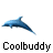 Animated contact sheet of a dolphin mascot in various poses with repeated "Coolbuddy" text below each frame on white background.