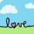 Pixelated graphic with light blue sky, white and cyan clouds, green grass base, two black 'l' shapes connected by a line forming the word 'love' with pink hearts replacing the 'o's.