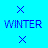 Blue background with repeated 'WINTER' text and X-shaped pixel patterns in blue, gray, and cyan.