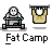 Pixel art contact sheet of four animated frames showing a cartoon character and yellow bag with blue sparkles, labeled "Fat Camp" below each frame on gray background.