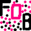 Static pixel art icon featuring large black letters F and B flanking a central pink frame with scattered pink and black dots on white background.
