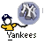 Static pixel art icon featuring a yellow stick figure with a blue cap holding a chain connected to a large 'NY' logo inside a translucent bubble, with the word 'Yankees' below in blocky text.