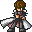 Pixel art character with brown hair and gray outfit, shown in four sequential poses with arms and legs shifting position.