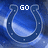 Blue horseshoe symbol with white text 'GO' and 'COLTS' above it on a blue gradient background, transitioning to a dotted line pattern.