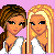 Pixel art animation frame showing two cartoon women on a pink background with repeated text about sisters and friends.
