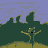 Animated contact sheet of a pixel art animation featuring yellow running stick figures, green trees, and repeated text elements including "THE" and "LIPS" on black backgrounds with purple sky.
