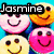 Pixelated image with four smiley faces, text reading "Jasmine is the best," and a heart symbol with "I You" text.