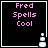 Black background with pink text 'Fred Spells Cool' and a white pixelated potion bottle icon in the bottom-right corner.