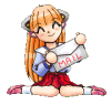 A cartoon girl with long orange hair and a blue-and-red outfit holds a white envelope labeled MAIL, sitting cross-legged on a gray background.