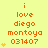 Yellow background with orange text reading 'i love diego montoya 031407' and animated yellow heart symbols appearing sequentially on the left side.